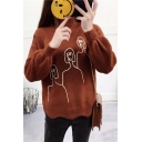 Chic Simple Figure Pattern Stand Up Neck Long Sleeve Pullover Sweater