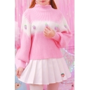 Cute High Neck Balloon Sleeves Color Block Pullover Knitted Sweater Embellished with Strawberries