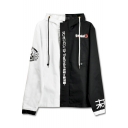 Cool Japanese Characters Printed Color Block Long Sleeves Concealed Zippered Drawstring Hooded Jacket