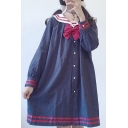 Simple Striped Bow Front Navy Collar Long Sleeve Buttons Down Shirt Mini Dress