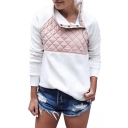 Warm Color Block Quilted Chest Long Sleeves Button Neck Pullover Sweatshirt