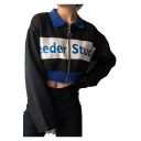 Trendy Letter Color Block Printed Long Sleeves Lapel Zippered Cropped Jacket