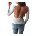 Sexy Open Back Plain Round Neck Long Sleeves Casual Slim-Fit Tee with Bow Tie-Back