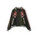Trendy Floral Embroidered Striped Trim Long Sleeves Zippered Baseball Jacket with Pockets