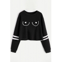 Hot Fashion Heart Print Round Neck Striped Long Sleeve Cropped Pullover Sweatshirt