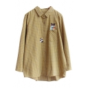 New Trendy Squirrel Embroidered Plaid Long Sleeve Button Down Shirt
