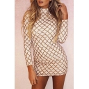 Shimmering Sequined Plaid High Neck Long Sleeve Pencil Mini Dress