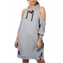 Simple Plain Cold Shoulder Half Sleeve Hoodie Mini Dress