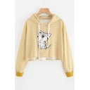 Cute Cat Cartoon Striped Pattern Long Sleeves Pullover Cropped Hoodie with Drawstring