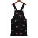 Chic Embroidery Floral Pattern Velvet Overall Dress with Pocket