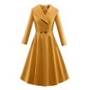 Fashionable Simple Plain Collared Long Sleeve Double Buttons Tunic Coat