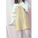 Cute Cat Cartoon Printed Color Block Round Neck Long Sleeves Striped Mini Shift Sweatshirt Dress