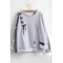 Cartoon Cat Print Tie Front Long Sleeve Round Neck Pullover Sweatshirt