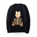 Stylish Fox Embroidery Round Neck Long Sleeve Pullover Sweater