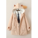 Lovely Fox Embroidered Long Sleeve Buttons Down Woolen Coat