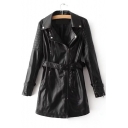 Warm Notched Lapel Long Sleeves PU Patched Zippered Longline Coat with Pockets