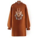 Chic Ruffled Collar Deer Embroidery Long Sleeves Tight Cuffs Shift Sweater