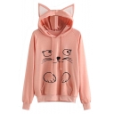 Lovely Cat Cartoon Pattern Long Sleeves Pullover Hoodie with Ears & Pocket