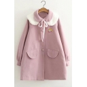 Adorable Girl Cartoon Embroidery Faux Fur Peter Pan Collar Buttons Balloon Sleeves Bow Coat with Flap-Pockets