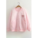 Unisex Letter Embroidery Loose Long Sleeves Button Down Baseball Jacket with Pockets