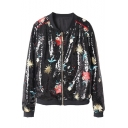 Floral Embroidered Sequined Long Sleeve Stand-Up Collar Zipper Jacket