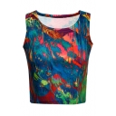 Fashionable Colorful Oil-Painting Round Neck Sleeveless Cropped Tank Top