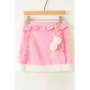 Girlish Ruffle Trimmed Fur Hem Zip-Side Mini A-line Skirt with Pompoms