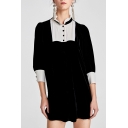 Ladylike Color Block Ruffly High Neck Half Sleeves Shift Mini Monochrome Dress with Buttons