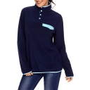 Simple Color Contrast Hem Stand Collar Long Sleeves Pullover Coat with Snap Button