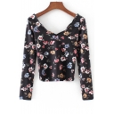 Trendy Chic Floral Pattern Double V Neck Long Sleeve Leisure T-Shirt