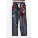 New Stylish Drawstring Waist Ripped Embroidered Pattern Jeans