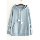 Simple Snowflakes Pattern Long Sleeves Pullover Hoodie with Pocket & Pompoms