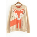 Lovely Floral Fox Pattern Round Neck Long Sleeve Pullover Sweater