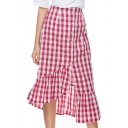 Classic Plaid Button Down Ruffle Hem Asymmetric Skirt