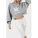 Simple Leaf Letter Printed Round Neck Long Sleeves Pullover Cropped Loose Sweatshirt