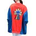 Stylish Planet Embroidered Color Block Long Sleeves Zippered Baseball Jacket with Pockets