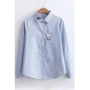 Cute Fish Cat Cartoon Embroidered Long Sleeves Button Down Shirt