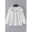 Popular Floral Embroidered Round Neck Ruffle Detail Loose Pullover Blouse