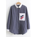 Stylish Fish Pattern Contrast Chest Pocket Striped Point Collar Long Sleeves Button Down Shirt