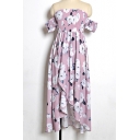 Hot Fashion Off the Shoulder Short Sleeves Floral Pattern Split Front Maxi Beach Dress