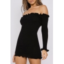 Sexy Off the Shoulder Long Sleeves Ruffle Trimmed Slim-Fit Mini Bodycon Knitted Dress