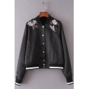 Chic Floral Butterfly Embroidered Single Breasted Stand-Up Collar Long Sleeve Jacket