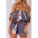 Peasant Style Geometric Floral Pattern Color Block Off the Shoulder Bow Sleeves Layered Romper