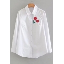 Simple Floral Embroidered Point Collar Long Sleeves Button Down Shirt