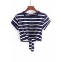 Simple Striped Pattern Round Neck Short Sleeves Summer Bow Tie Front Cropped Tee