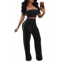 Sportive Off the Shoulder Bandeau with Striped Side Drawstring Waist Joggers