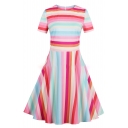 Retro Colorful Striped Print Round Neck Short Sleeve Fit & Flare Dress
