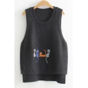 Chic Embroidery Cartoon Cat Pattern Round Neck High Low Hem Pullover Vest Sweater