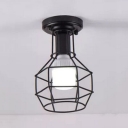 Industrial Simple Flush Mount Ceiling Fixture with Bottel Metal Cage in Black