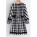 Spring Fashion Round Neck Long Sleeves Checkered Plaids Bow Belted A-line Mini Monochrome Dress